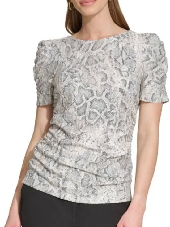 DKNY Tops - DKNY Snakeskin print short sleeve top with ruched sides and sleeves Size XL